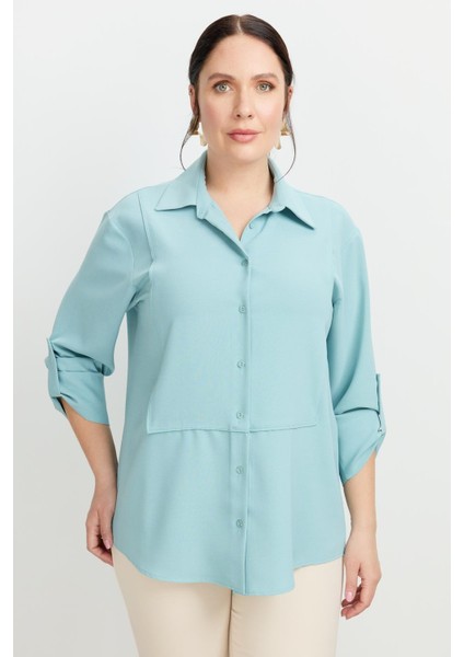 Büyük Beden Yakası Broşlu Gömlek-Mınt