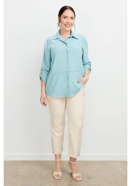 Büyük Beden Yakası Broşlu Gömlek-Mınt modelleri