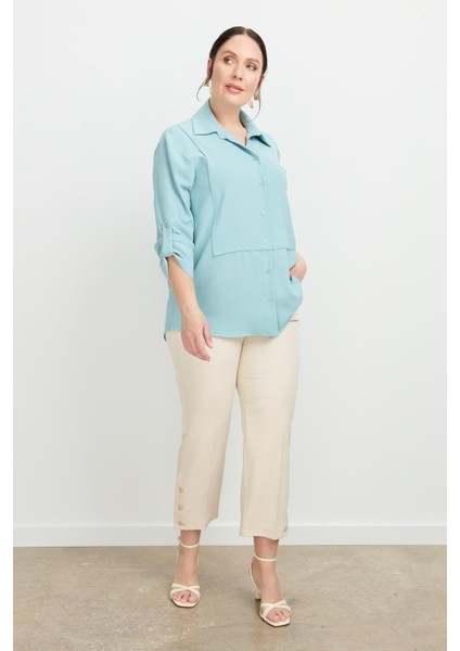 Büyük Beden Yakası Broşlu Gömlek-Mınt fırsatları