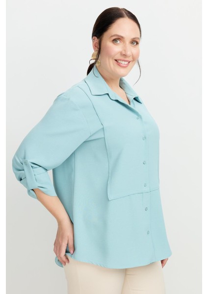 Büyük Beden Yakası Broşlu Gömlek-Mınt indirimleri