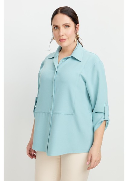 Büyük Beden Yakası Broşlu Gömlek-Mınt