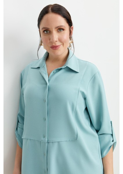 Büyük Beden Yakası Broşlu Gömlek-Mınt