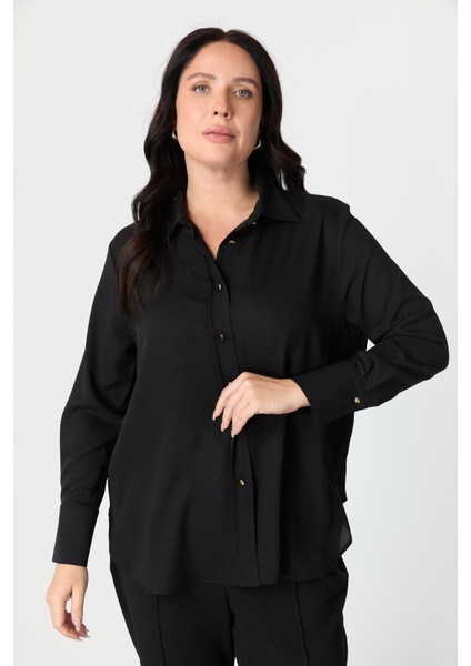 Büyük Beden Düğme Detay Gömlek-Siyah modelleri
