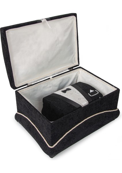 Kadife Süngerli Şeritli Söz Nişan Düğün Çeyizlik Gelin Bohça Sandık Seti (Büyük+Küçük) - Siyah