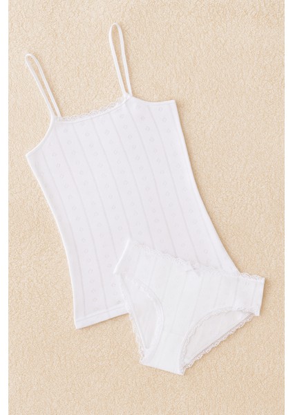 %100 Pamuklu Kalp Desen Dantelli Beyaz Ip Askılı & Bikini Külot 2'li Takım LL.IL22.KE94.001 fiyatları