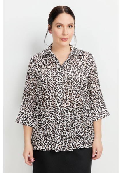 Büyük Beden Leopar Desen Gömlek-Siyah