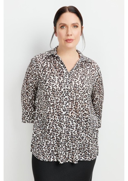 Büyük Beden Leopar Desen Gömlek-Siyah fiyatları
