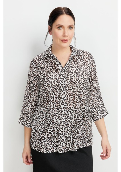 Büyük Beden Leopar Desen Gömlek-Siyah