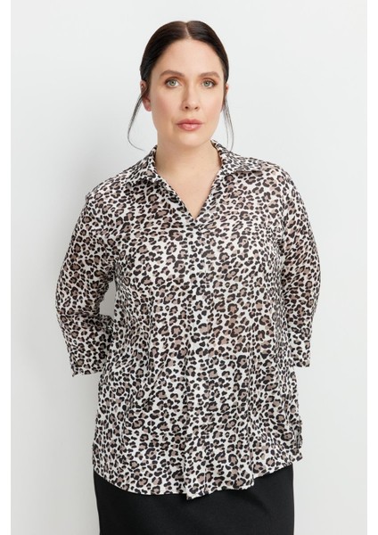 Büyük Beden Leopar Desen Gömlek-Siyah