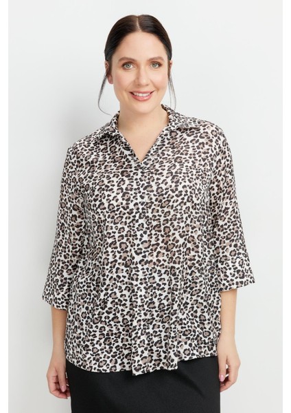 Büyük Beden Leopar Desen Gömlek-Siyah