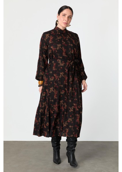 Büyük Beden Kuşak Detay Desenli Elbise-Kırmızı