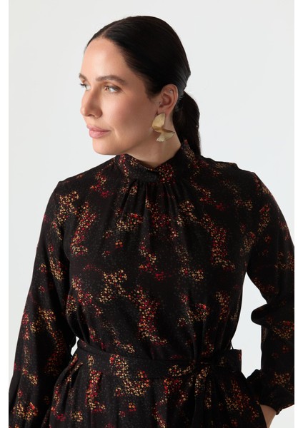 Büyük Beden Kuşak Detay Desenli Elbise-Kırmızı