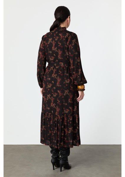 Büyük Beden Kuşak Detay Desenli Elbise-Kırmızı