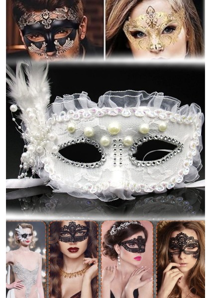Beyaz Renk Maske – Dantel Kaplama, Inci ve Taş Süslemeli | Bride ve After Parti Için Ideal modelleri