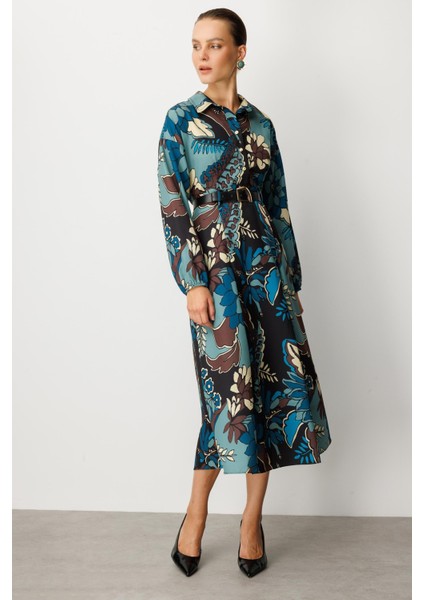 Kendinden Desenli Düğme Detaylı Elbise-Petrol