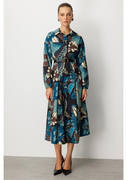 Kendinden Desenli Düğme Detaylı Elbise-Petrol fiyatları