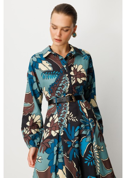 Kendinden Desenli Düğme Detaylı Elbise-Petrol modelleri