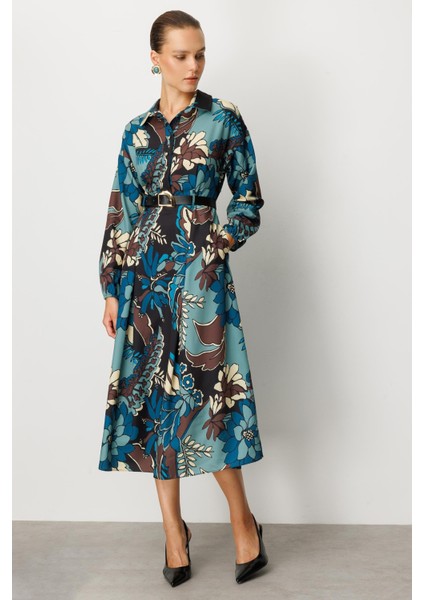 Kendinden Desenli Düğme Detaylı Elbise-Petrol fırsatları