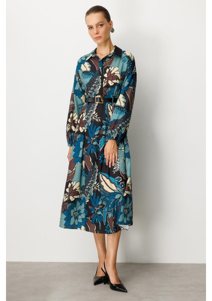 Kendinden Desenli Düğme Detaylı Elbise-Petrol indirimleri