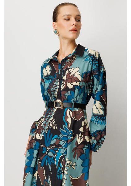 Kendinden Desenli Düğme Detaylı Elbise-Petrol