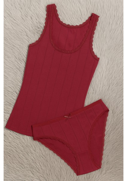 %100 Pamuk Jakarlı Kalın Askılı Vişne Bikini Külot Takım LL.IL22.KE95.001