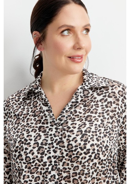 Büyük Beden Leopar Desen Gömlek-Siyah