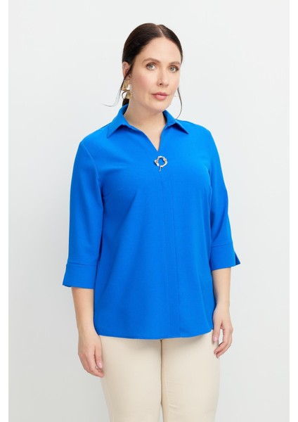 Büyük Beden Broş Detaylı Gömlek-Sax