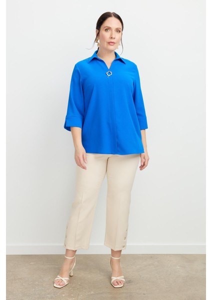 Büyük Beden Broş Detaylı Gömlek-Sax fiyatları