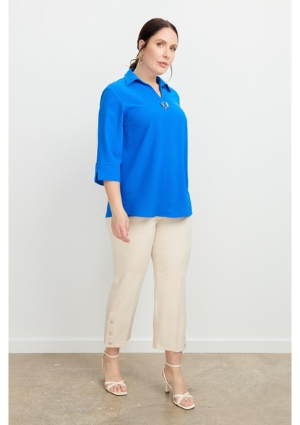 Büyük Beden Broş Detaylı Gömlek-Sax modelleri