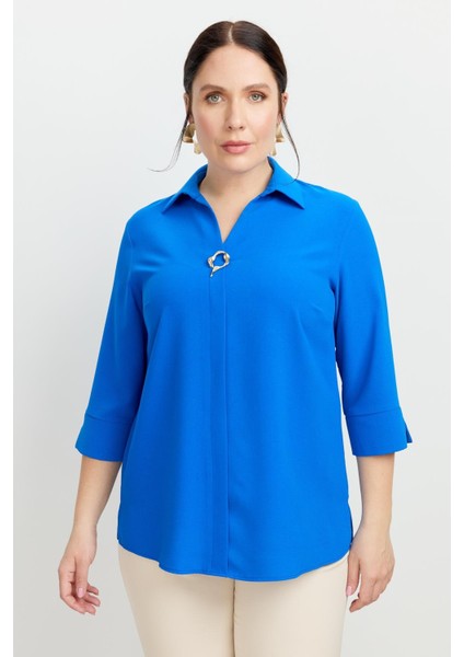 Büyük Beden Broş Detaylı Gömlek-Sax indirimleri