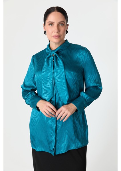 Büyük Beden Bağlama Detaylı Tunik Gömlek-Petrol