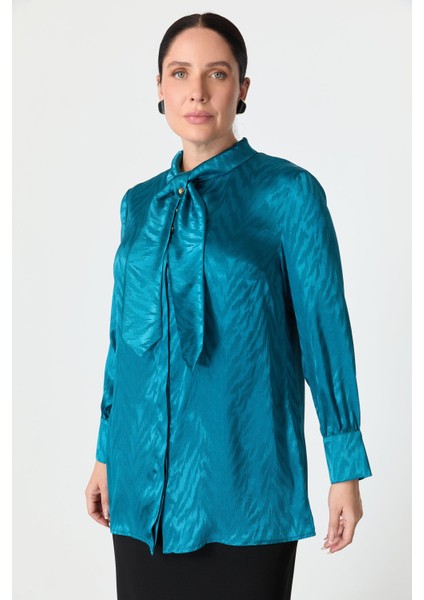 Büyük Beden Bağlama Detaylı Tunik Gömlek-Petrol modelleri