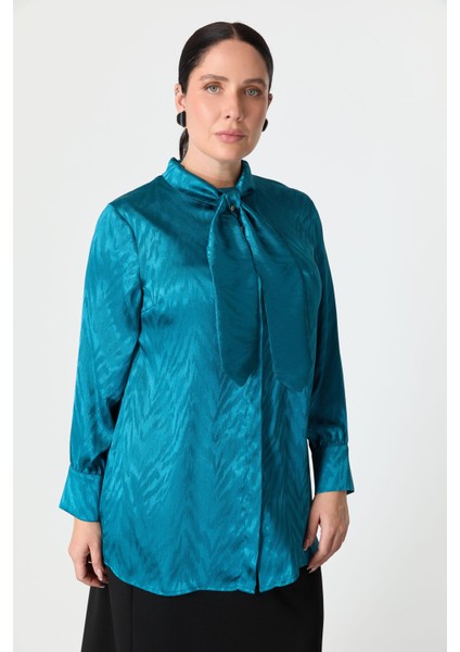 Büyük Beden Bağlama Detaylı Tunik Gömlek-Petrol fırsatları