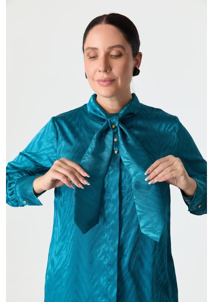 Büyük Beden Bağlama Detaylı Tunik Gömlek-Petrol indirimleri