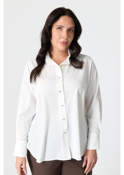 Büyük Beden Düğme Detay Gömlek-Kemık
