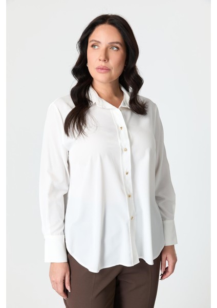 Büyük Beden Düğme Detay Gömlek-Kemık fırsatları