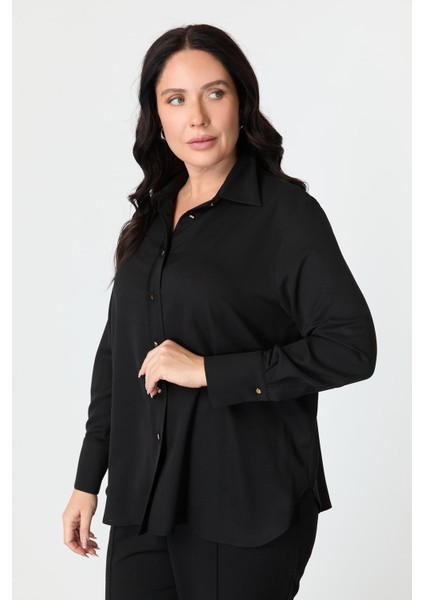Büyük Beden Düğme Detay Gömlek-Siyah fırsatları
