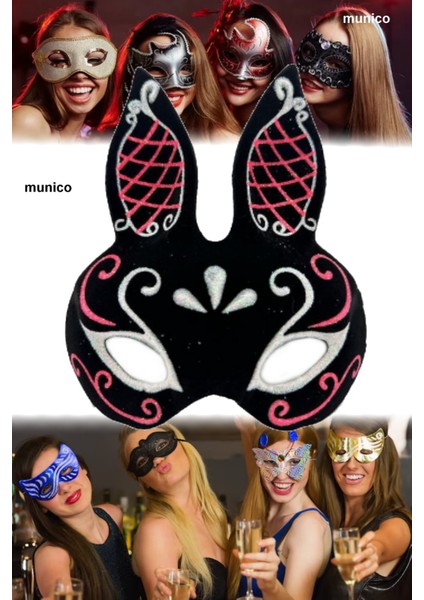 Siyah Süet Tavşan Maskesi Kırmızı Beyaz Simli, Ayarlanabilir 18X16 cm Parti ve Balo Aksesuarı