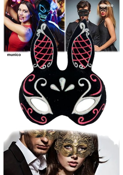 Siyah Süet Tavşan Maskesi Kırmızı Beyaz Simli, Ayarlanabilir 18X16 cm Parti ve Balo Aksesuarı