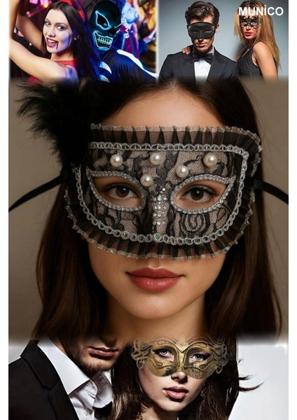 3 Adet Yandan Tüylü Siyah Maske Dantel Kaplama Inci ve Taş Detaylı Maskeli Balo ve Kostüm Partisi fiyatları
