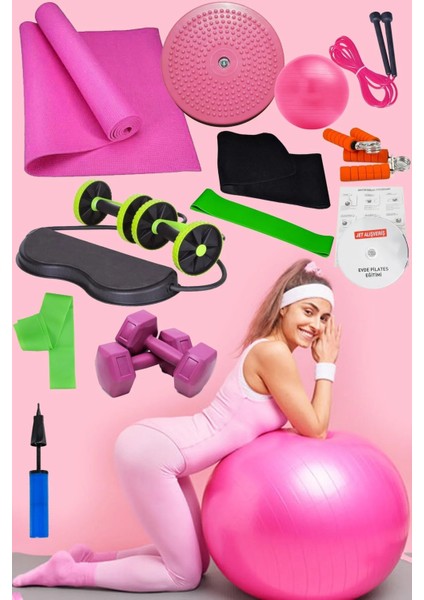 14 Lü Pilates Topu Seti Plates Minderi 1 kg Dambıl Aerobik Band Squat Tekerlekli Lastikli Spor Aleti