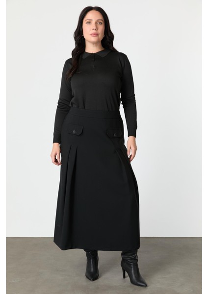 Büyük Beden Cep Detay Beli Lastikli Etek-Siyah