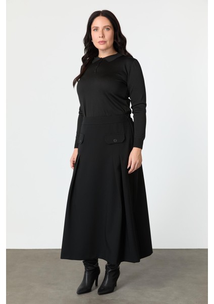 Büyük Beden Cep Detay Beli Lastikli Etek-Siyah fiyatları