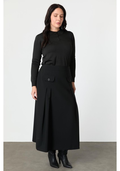 Büyük Beden Cep Detay Beli Lastikli Etek-Siyah modelleri