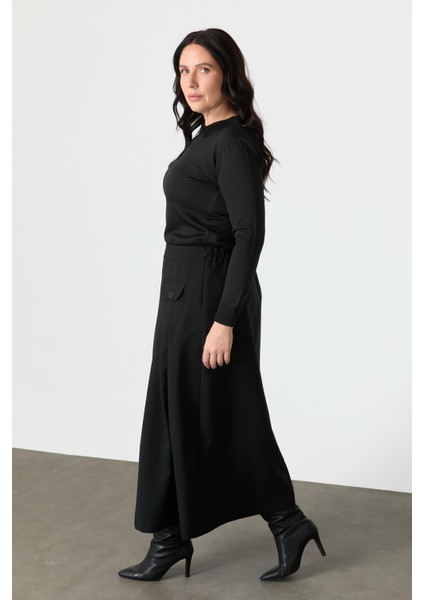 Büyük Beden Cep Detay Beli Lastikli Etek-Siyah indirimleri