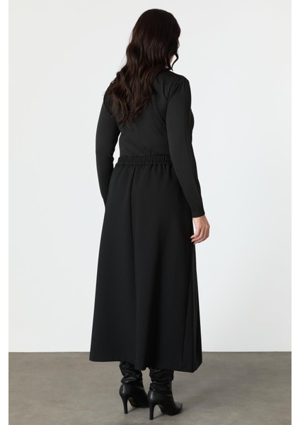 Büyük Beden Cep Detay Beli Lastikli Etek-Siyah