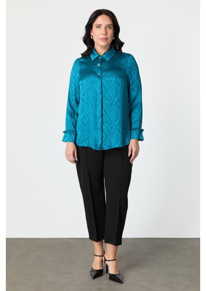 Büyük Beden Saten Görünümlü Gömlek-Petrol