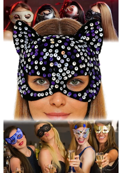Kadife Üzeri Pullu Maske Siyah Renk, Mor Beyaz Payetli | Özel Günler Için Göz Alıcı Aksesuar fiyatları