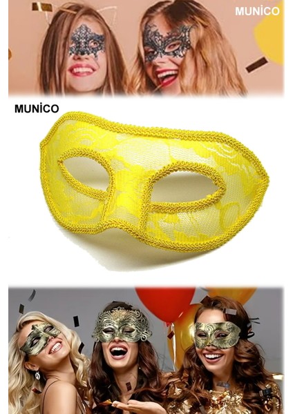 3 Adet Sarı Dantel Tül Parti Maskesi Venedik Stil Standart Ölçü | Maskeli Balo ve Özel Davetler Için