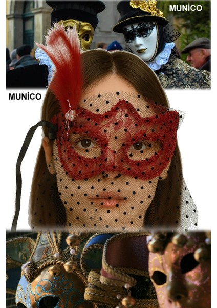 Kırmızı Duvaklı Maske Ince Işçilikli Dantel Ayarlanabilir Bant Karnaval ve Sahne Performans